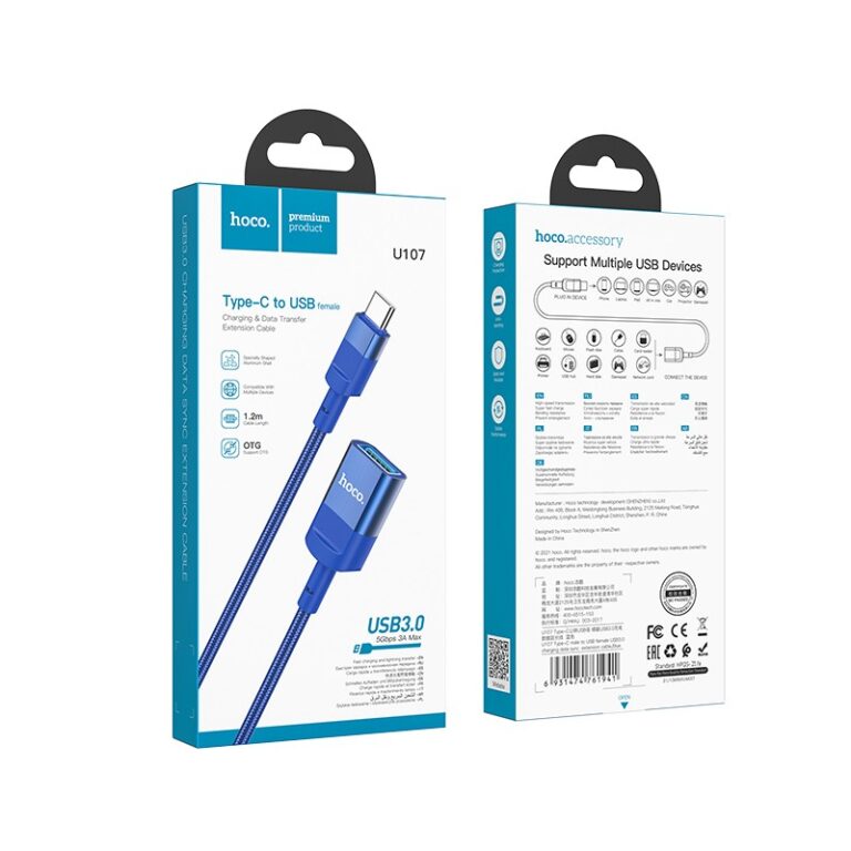 Extension Cable Hoco U107 USB-C Male to USB 3.0 Female 5V/2A 5Gbps OTG 1.2m Blue - Image 2