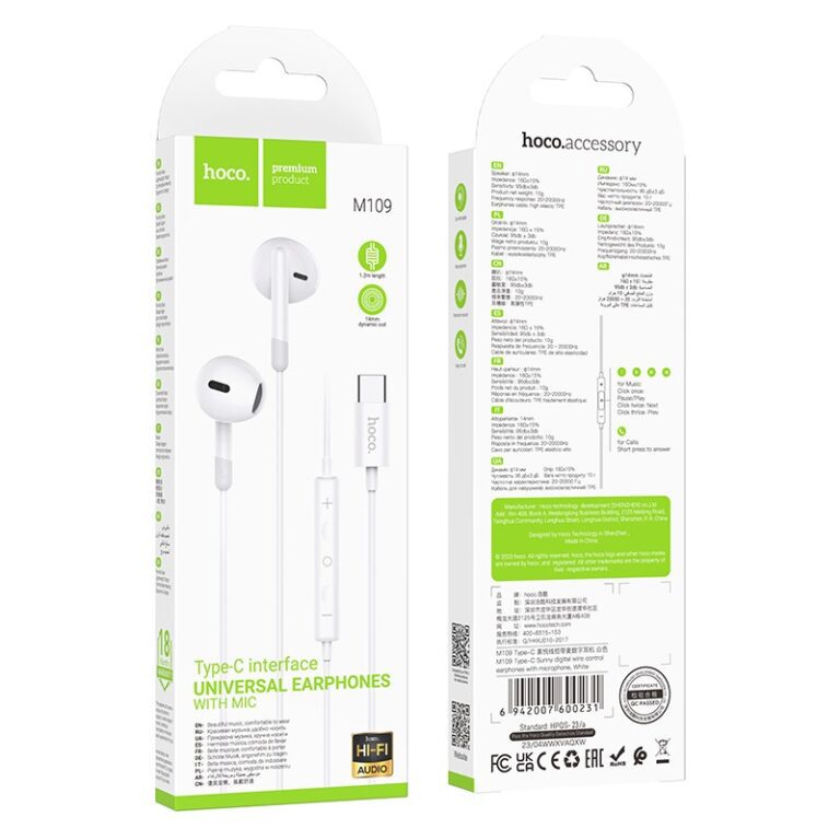 Hands Free Hoco M109 Earphones Stereo USB-C Compatible with All USB-C Devices White 1.2m - Image 2