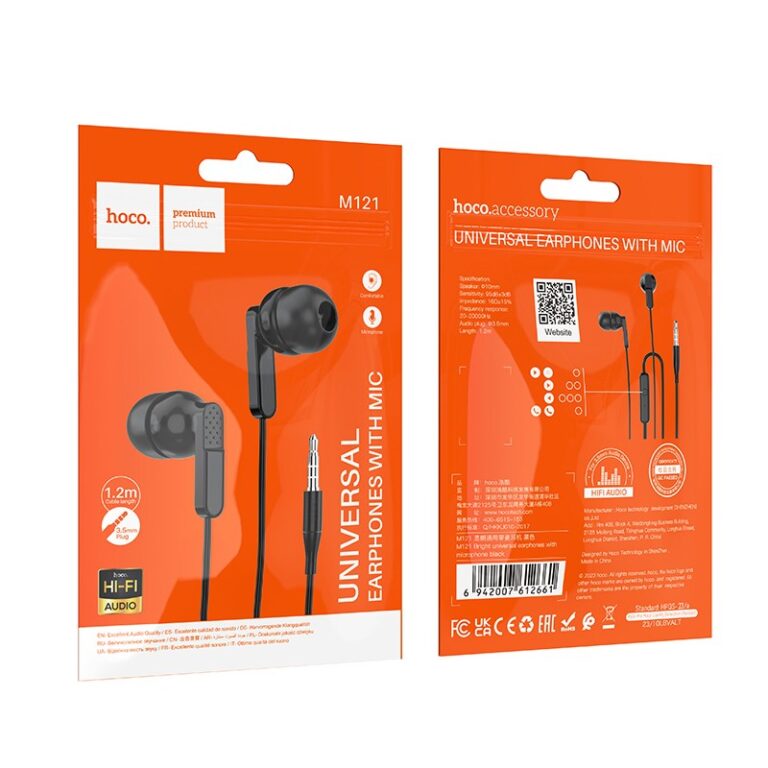 Hands Free Hoco M121 Bright Universal Earphones Hi-Fi Stereo 3.5mm Black 1.2m - Image 2