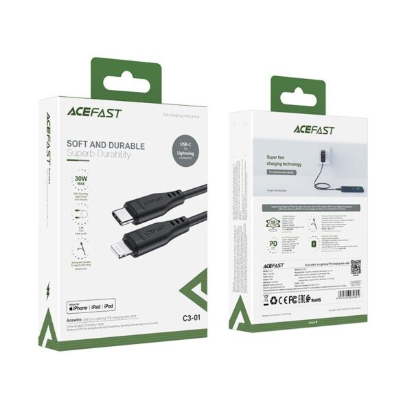 Data Cable Acefast C3-01 USB-C to Lightning Braided 3A Apple Certified MFI 1.2m Black - Image 2