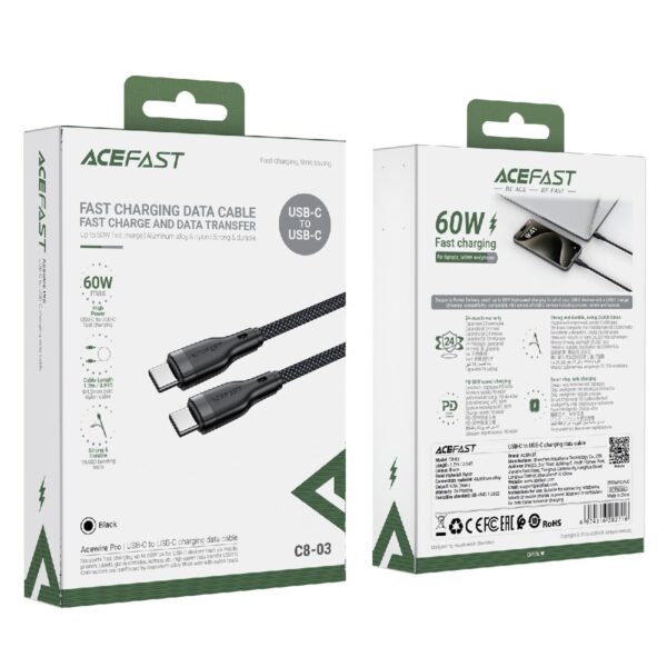 Data Cable Acefast C8-03 USB-C to USB-C 60W 1.2m Black Braided - Image 2