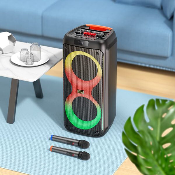 Portable Speaker Hoco HA7 Leader BT V5.0 75W 7000mAh 7h Playback with Micro SD USB RGB LED Lighting and 2 Wireless Microphones - Image 3